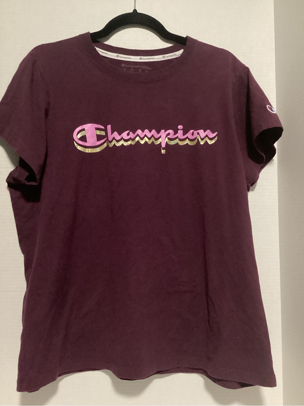 Champion Women's Short Sleeve Crewneck Tee in Deep Plum with Pink & Gold Logo 1x